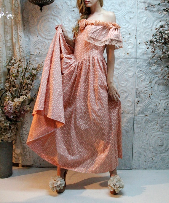 Vintage 90s COTTON Dress Off The Shoulder Lace Ro