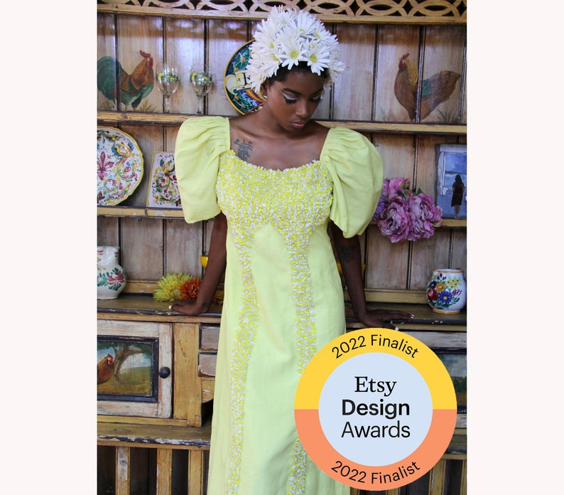 Floral Maxi Yellow Dress Etsy Design Awards Finalist Upcycled PUFF Sleeves Filipiniana Barong Talalog Ceremonial Gown // Tatiana Andrade image 2