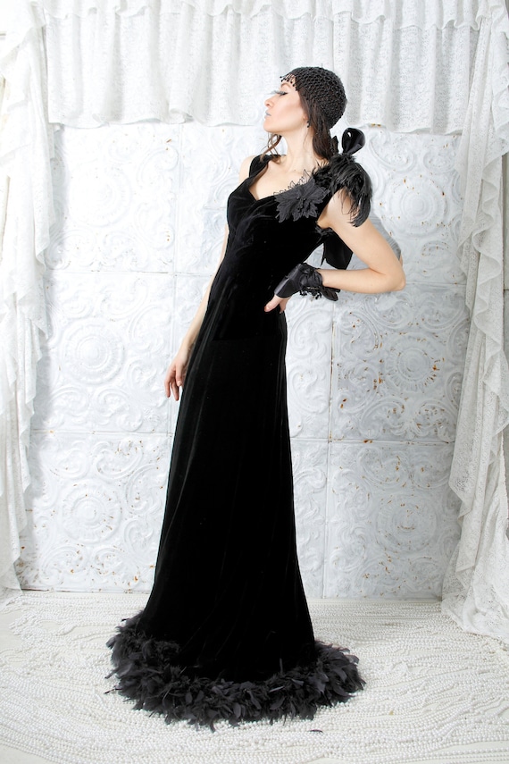 30s Silk Velvet Ostrich Feathers Gown Great Gatsb… - image 2