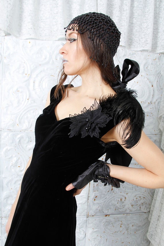 30s Silk Velvet Ostrich Feathers Gown Great Gatsb… - image 5