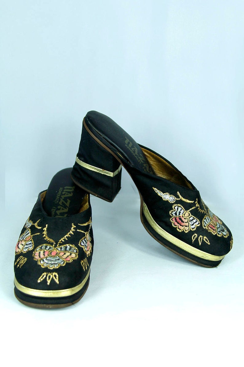 Black LEATHER SILK Gold Embroidered Clogs MULES Sliders Chunky image 1