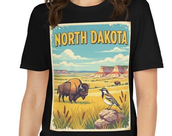 North Dakota-T-shirt met ansichtkaart • The Peace Garden State retro-T-shirt • Vintage North Dakota-souvenirshirt • Prairie & Badlands-afbeelding