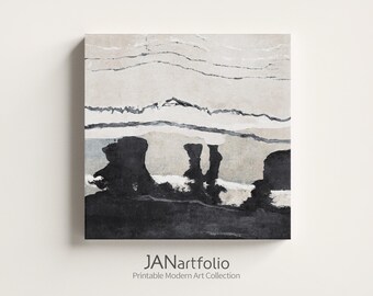 Puede incluir: Impresión artística abstracta que representa un paisaje en tonos grises, negros y blancos. La obra de arte tiene un aspecto texturizado con formas y líneas superpuestas. Incluye el texto "JANartfolio Printable Modern Art Collection".