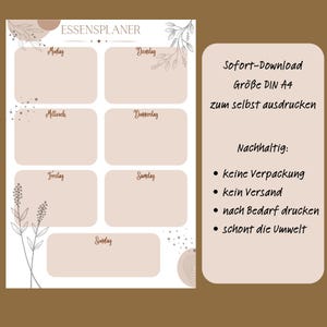May include: A beige weekly meal planner with the word "ESSENSPLANER" at the top. The days of the week are listed in German. The right side has text that says "Instant Download, DIN A4 size, print yourself".