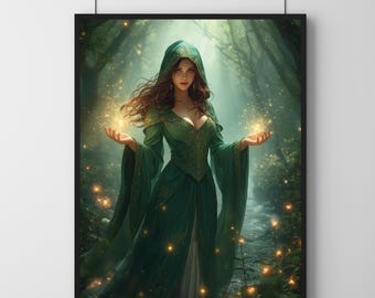 Mystical Forest Sorceress – Fantasy Art Digital Download | Magical Poster | Digital Wall Art DIN A3 | Light Fantasy Art