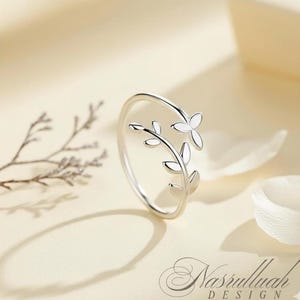 Sterling Silver Olive Leaf Adjustable Ring, Botanical Jewelry