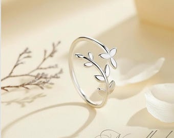 Sterling Silver Olive Leaf Adjustable Ring, Botanical Jewelry