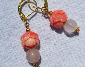 peach pink angel skin coral carved rose shaped beads with rose quartz and 14k gold filled embellishments, gold filled lever back ear wires