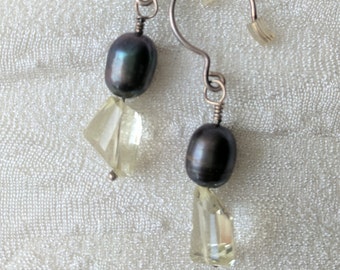 charcoal grey pearls with soft yellow citrine earrings on sterling silver earring wires
