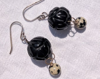 black onyx carved floral beads and black gray and white dalmation jasper dangle earrings on sterling silver french ear wires