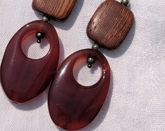 Wood and Red Onyx Earrings, Antique Brass Lever Backs