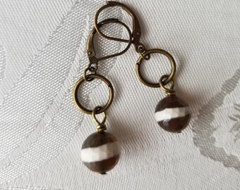 Striped Agate Bead Earrings, Antique Brass Embellishments