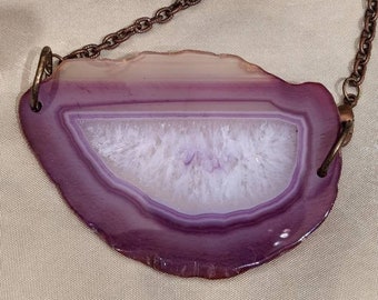 purple agate slice bead necklace on 19 inch chain