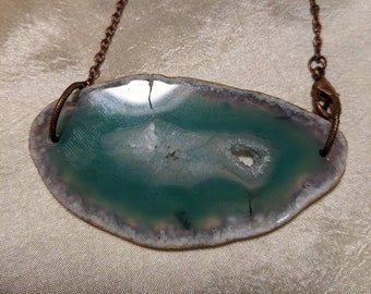 green agate slice bead with druzy necklace on chain