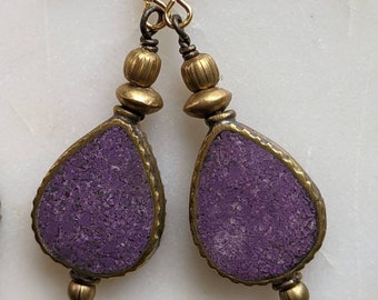 purple howlite and brass handmade teardrop shape earrings