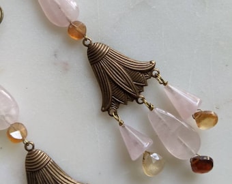 Rose Quartz Dangle Earrings, Antique Brass Egyptian Revival Garnet