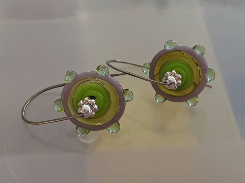 citrus colored handmade lampowork pinwheels on sterling silver wires yellow, chartreuse, mint and lavender glass image 10