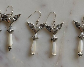 delicate mother of pearl teardrop earrings with angel wings and hearts on sterling silver ear wires. 3 styles, your pick.