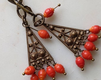 natural carved coral and antique brass earrings