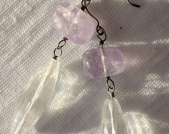 Sterling Silver Pink Amethyst & Rock Crystal Quartz Earrings
