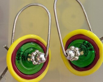 yellow, green and red glass swirling glass lampwork bead earrings on sterling silver wires
