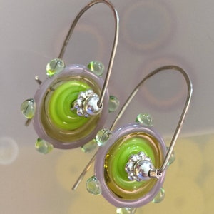 citrus colored handmade lampowork pinwheels on sterling silver wires yellow, chartreuse, mint and lavender glass image 2