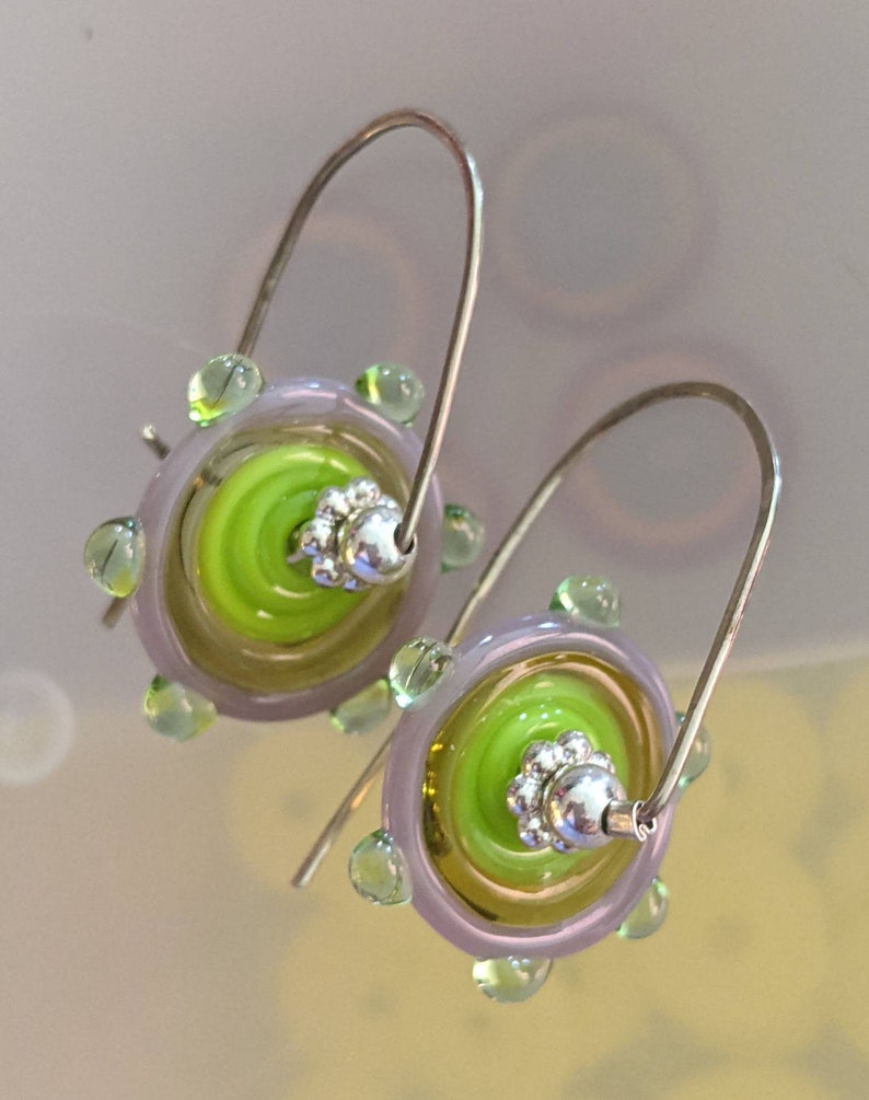 citrus colored handmade lampowork pinwheels on sterling silver wires yellow, chartreuse, mint and lavender glass image 2