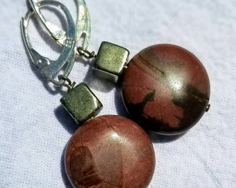 striking maroon rust umber picasso jasper coin and pyrite cube shaped beads on sterling silver wire and lever backs