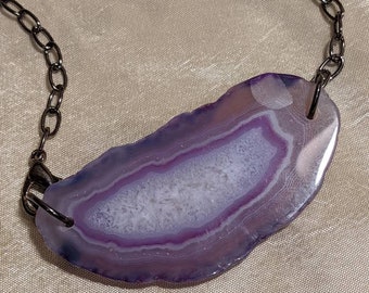 purple agate slice bead necklace on 19 inch black chain