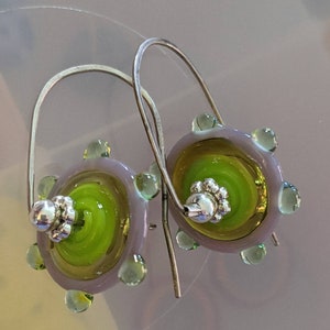 citrus colored handmade lampowork pinwheels on sterling silver wires yellow, chartreuse, mint and lavender glass image 3