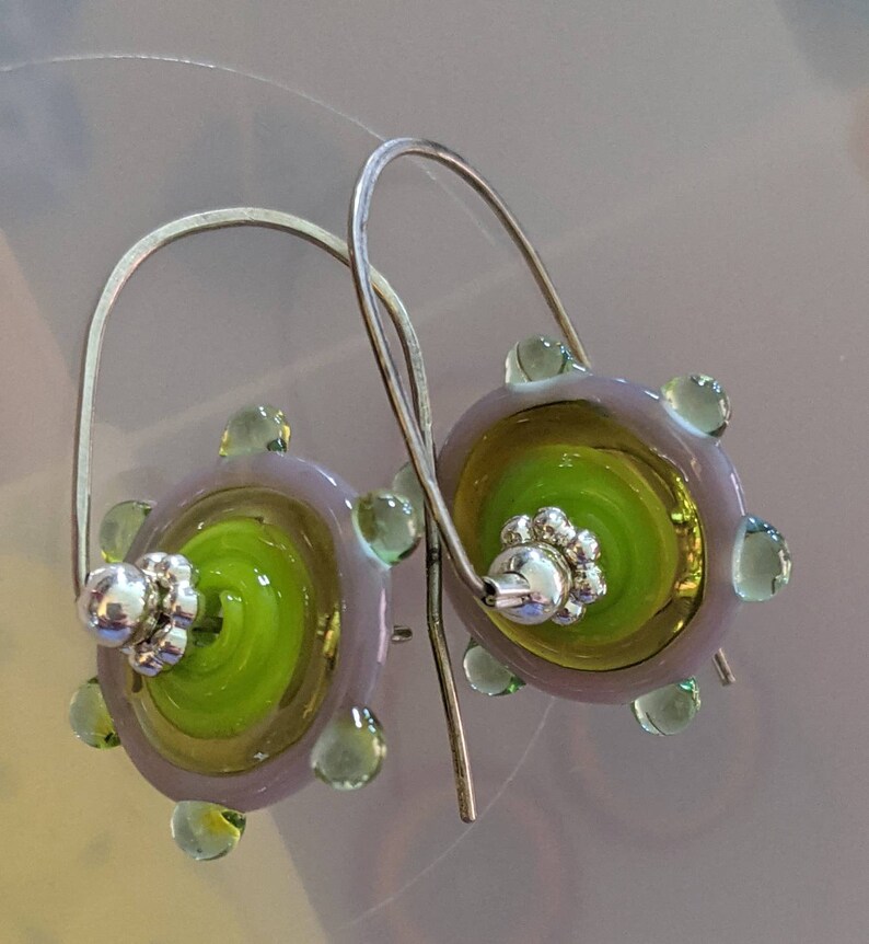 citrus colored handmade lampowork pinwheels on sterling silver wires yellow, chartreuse, mint and lavender glass image 3