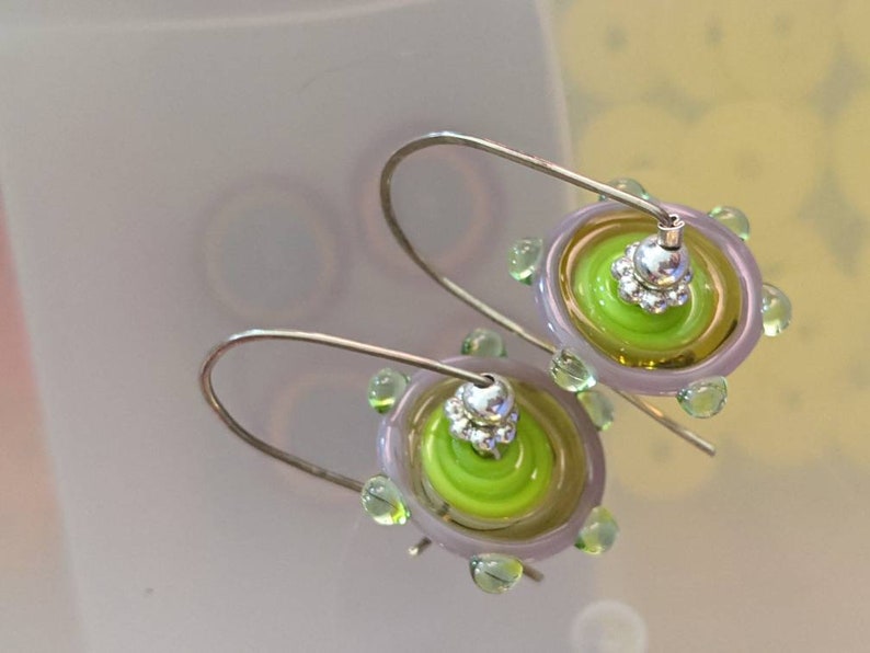 citrus colored handmade lampowork pinwheels on sterling silver wires yellow, chartreuse, mint and lavender glass image 9