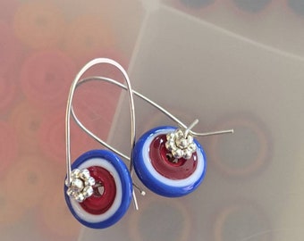 red white blue handmade lampwork pinwheels on sterling silver wires