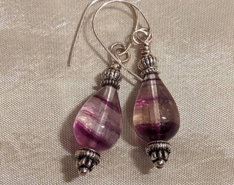 purple stripe fluorite teardrop bead earrings with Bali silver accents and 14k sterling silver ear wires