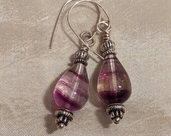Purple Striped Fluorite Teardrop Earrings, Bali Silver, Sterling Silver Wires