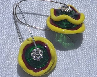 colorful yellow, green and red handmade lampwork pinwheels on sterling silver wires