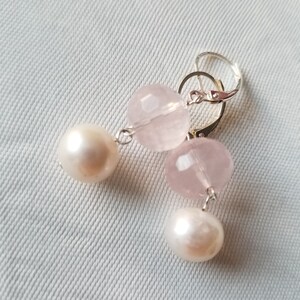 rose quartz faceted 12mm beads with AAA fine 10mm white pearl earrings on sterling silver leverback ear wires