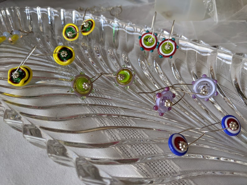 citrus colored handmade lampowork pinwheels on sterling silver wires yellow, chartreuse, mint and lavender glass image 5