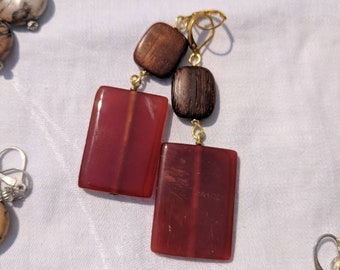 Red Carnelian & Wood Bead Dangle Earrings