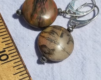 striking picasso jasper coin shaped beads with bali silver bead accents on sterling wire with sterling silver lever back earring wires