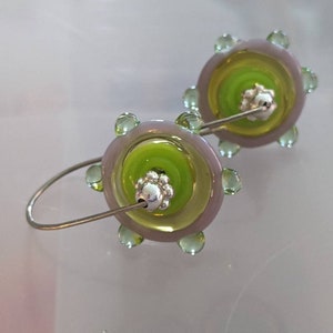 citrus colored handmade lampowork pinwheels on sterling silver wires yellow, chartreuse, mint and lavender glass image 1