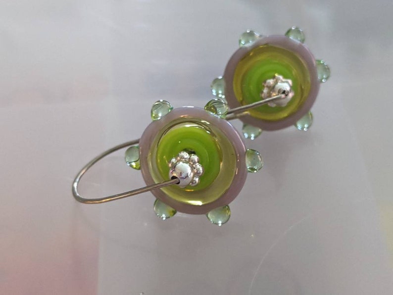 citrus colored handmade lampowork pinwheels on sterling silver wires yellow, chartreuse, mint and lavender glass image 1