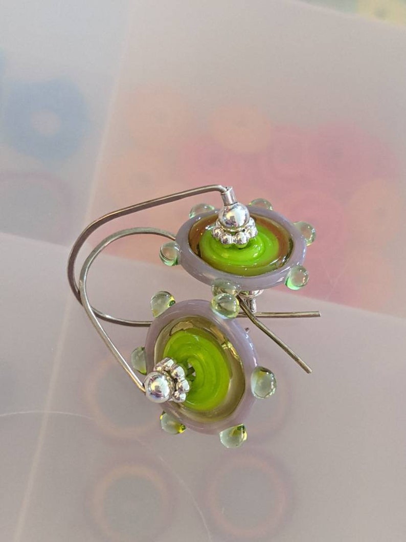 citrus colored handmade lampowork pinwheels on sterling silver wires yellow, chartreuse, mint and lavender glass image 8