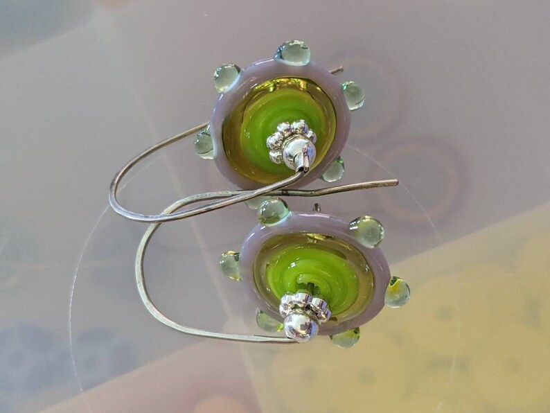 citrus colored handmade lampowork pinwheels on sterling silver wires yellow, chartreuse, mint and lavender glass image 6