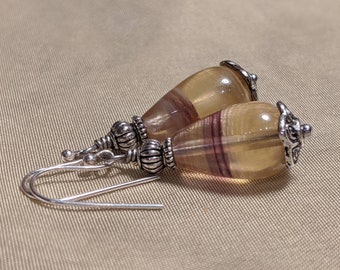 lavender stripe yellow fluorite teardrop bead earrings with bali silver accents and sterling silver ear wires