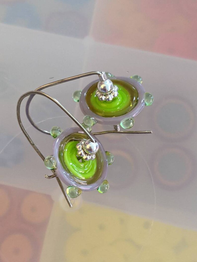 citrus colored handmade lampowork pinwheels on sterling silver wires yellow, chartreuse, mint and lavender glass image 4