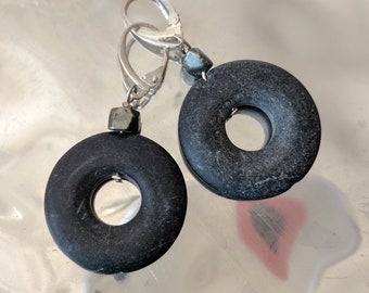 black lava rock donut and pyrite nugget bead earrings on sterling silver lever backs