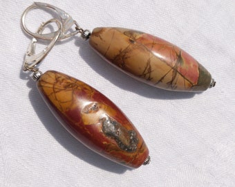 picasso jasper barrel shaped and silver spacer bead earrings with sterling silver wire and lever backs