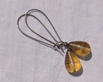 Yellow Fluorite Teardrop Earrings on Long Sterling Kidney Wires