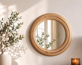 Rund väggspegel, spegel med träram, minimalistisk badrumsspegel, spegel i plywood eller MDF, skandinavisk inredning